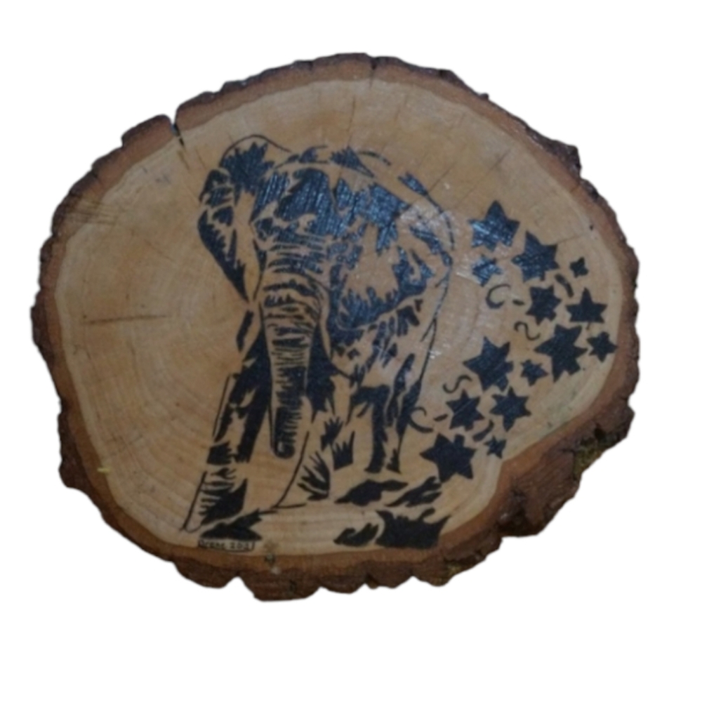 Sliced tree trunk painted shellac elephant picture